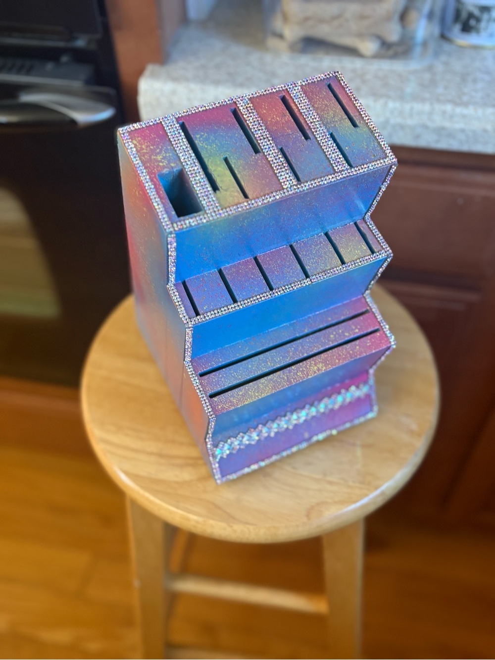 Custom Beauty Organizer or Knife block- Rainbow Splash with Rhinestone accents-